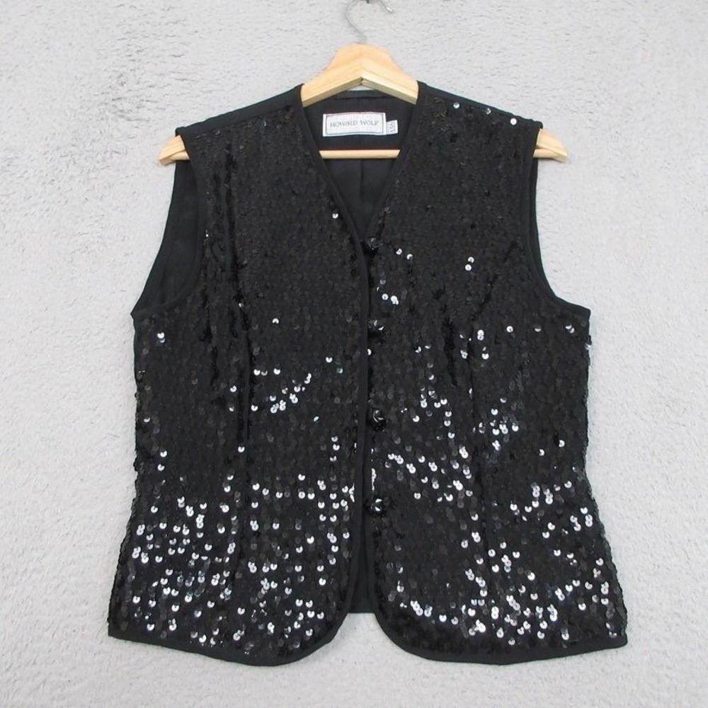 Howard‎ Wolf Vest Womens 8 Black Sequin Button Front Evening Party Made USA